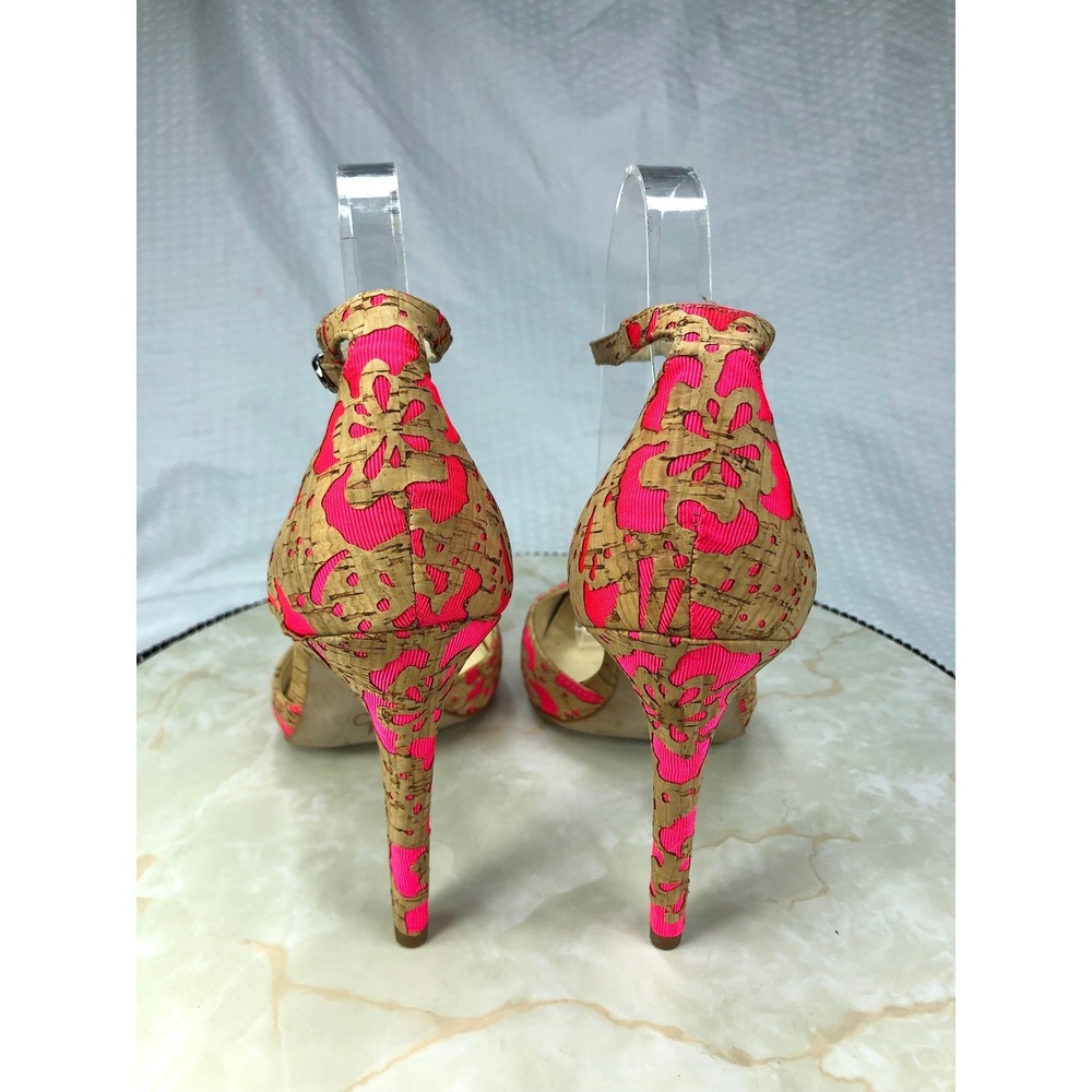 Jessica Simpson Floral Cork Ankle Strap Stilettos Heel Women 8 Pink Pointed Toe - Picture 9 of 12